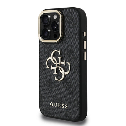 iPhone 16 Pro Max Kılıf Guess Orjinal Lisanslı PU Deri 4G Desenli Metal Büyük 4G ve Yazı Logolu Kamera Standlı Kapak