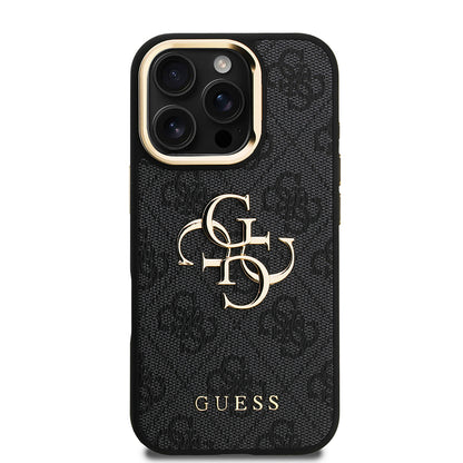 iPhone 16 Pro Max Kılıf Guess Orjinal Lisanslı PU Deri 4G Desenli Metal Büyük 4G ve Yazı Logolu Kamera Standlı Kapak
