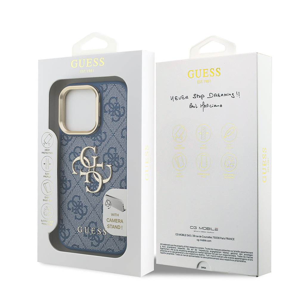 iPhone 16 Pro Max Kılıf Guess Orjinal Lisanslı PU Deri 4G Desenli Metal Büyük 4G ve Yazı Logolu Kamera Standlı Kapak