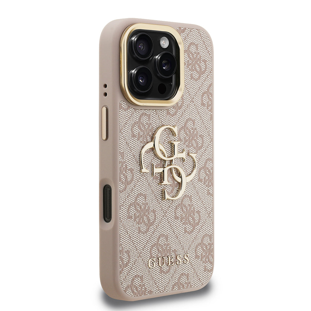 iPhone 16 Pro Max Kılıf Guess Orjinal Lisanslı PU Deri 4G Desenli Metal Büyük 4G ve Yazı Logolu Kamera Standlı Kapak