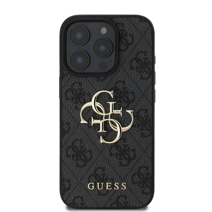 iPhone 16 Pro Max Kılıf Guess Orjinal Lisanslı PU Deri 4G Desenli Metal Büyük 4G ve Yazı Logolu Kapak