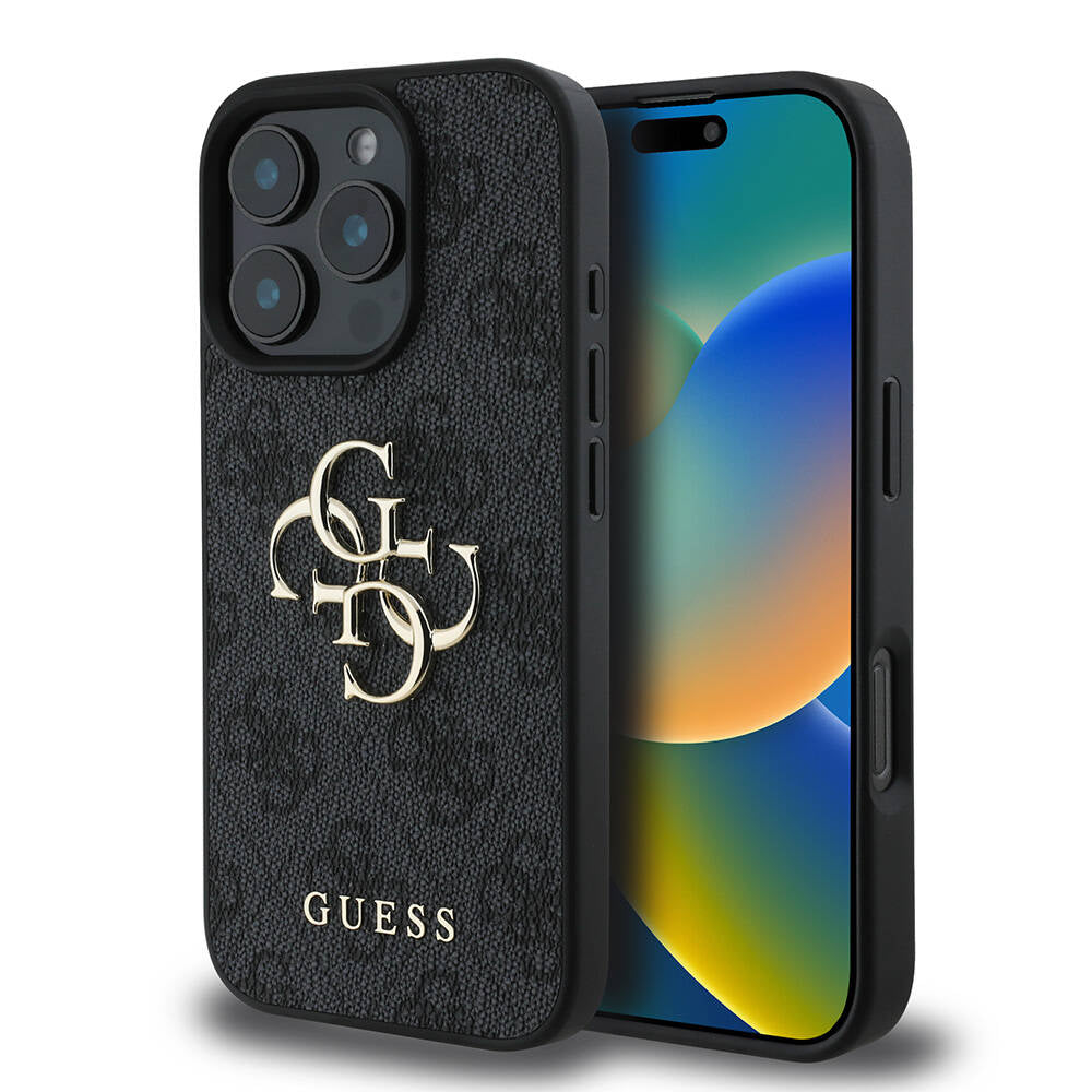 iPhone 16 Pro Max Kılıf Guess Orjinal Lisanslı PU Deri 4G Desenli Metal Büyük 4G ve Yazı Logolu Kapak