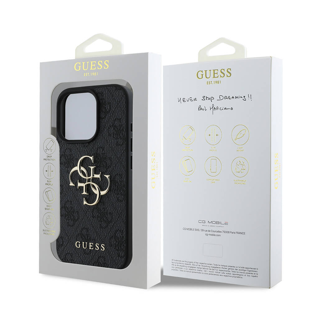 iPhone 16 Pro Max Kılıf Guess Orjinal Lisanslı PU Deri 4G Desenli Metal Büyük 4G ve Yazı Logolu Kapak