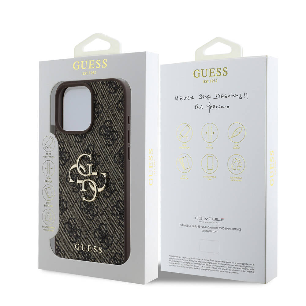iPhone 16 Pro Max Kılıf Guess Orjinal Lisanslı PU Deri 4G Desenli Metal Büyük 4G ve Yazı Logolu Kapak