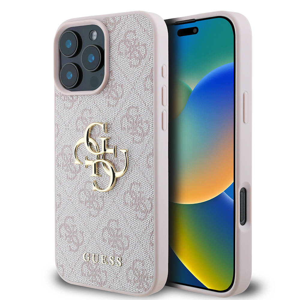 iPhone 16 Pro Max Kılıf Guess Orjinal Lisanslı PU Deri 4G Desenli Metal Büyük 4G ve Yazı Logolu Kapak