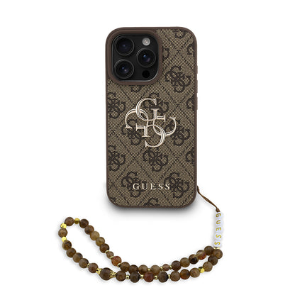 iPhone 16 Pro Max Kılıf Guess Orjinal Lisanslı PU Deri Bilek Askı İpli Metal Büyük 4G ve Yazı Logolu Kapak