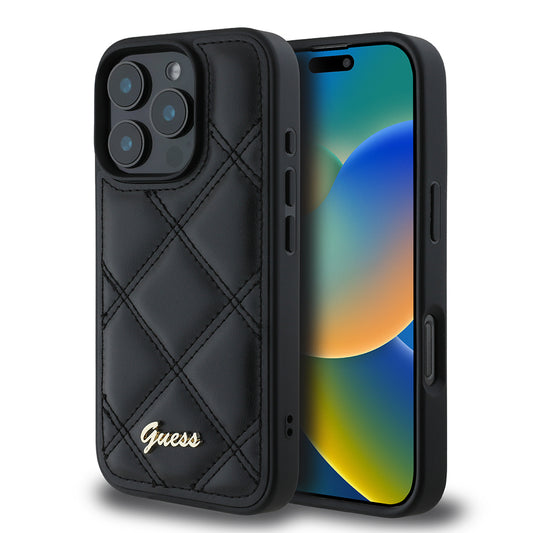 iPhone 16 Pro Max Kılıf Guess Orjinal Lisanslı PU Deri Metal Yazı Logolu Kapitone Kapak
