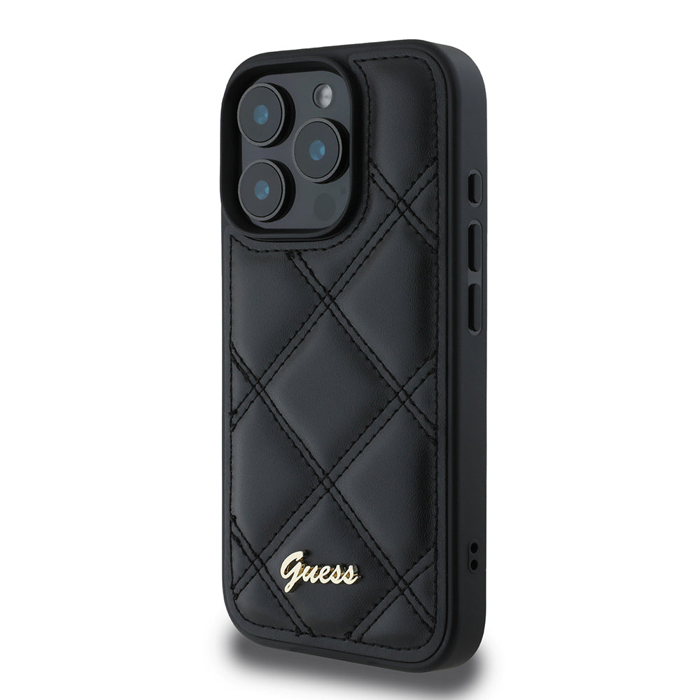 iPhone 16 Pro Max Kılıf Guess Orjinal Lisanslı PU Deri Metal Yazı Logolu Kapitone Kapak