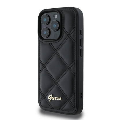 iPhone 16 Pro Max Kılıf Guess Orjinal Lisanslı PU Deri Metal Yazı Logolu Kapitone Kapak