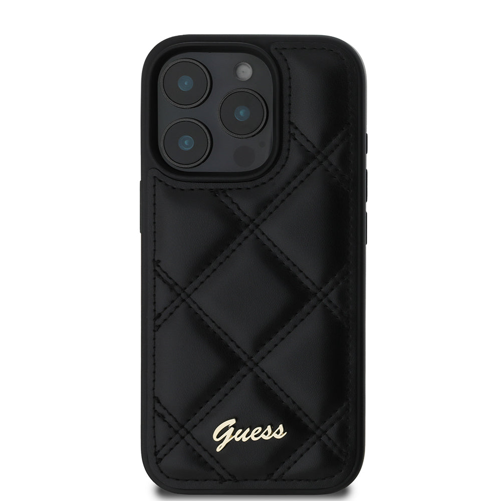 iPhone 16 Pro Max Kılıf Guess Orjinal Lisanslı PU Deri Metal Yazı Logolu Kapitone Kapak