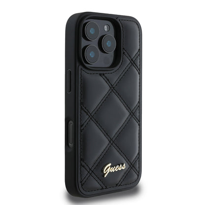 iPhone 16 Pro Max Kılıf Guess Orjinal Lisanslı PU Deri Metal Yazı Logolu Kapitone Kapak