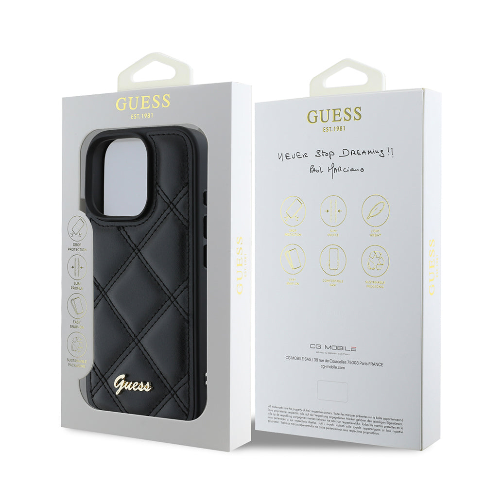 iPhone 16 Pro Max Kılıf Guess Orjinal Lisanslı PU Deri Metal Yazı Logolu Kapitone Kapak