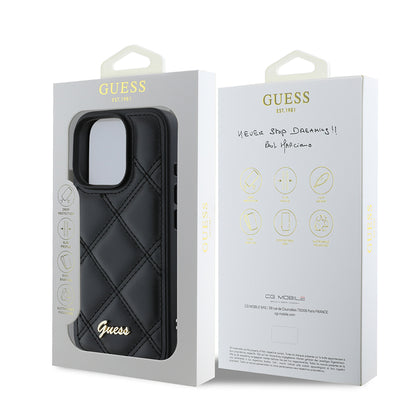 iPhone 16 Pro Max Kılıf Guess Orjinal Lisanslı PU Deri Metal Yazı Logolu Kapitone Kapak