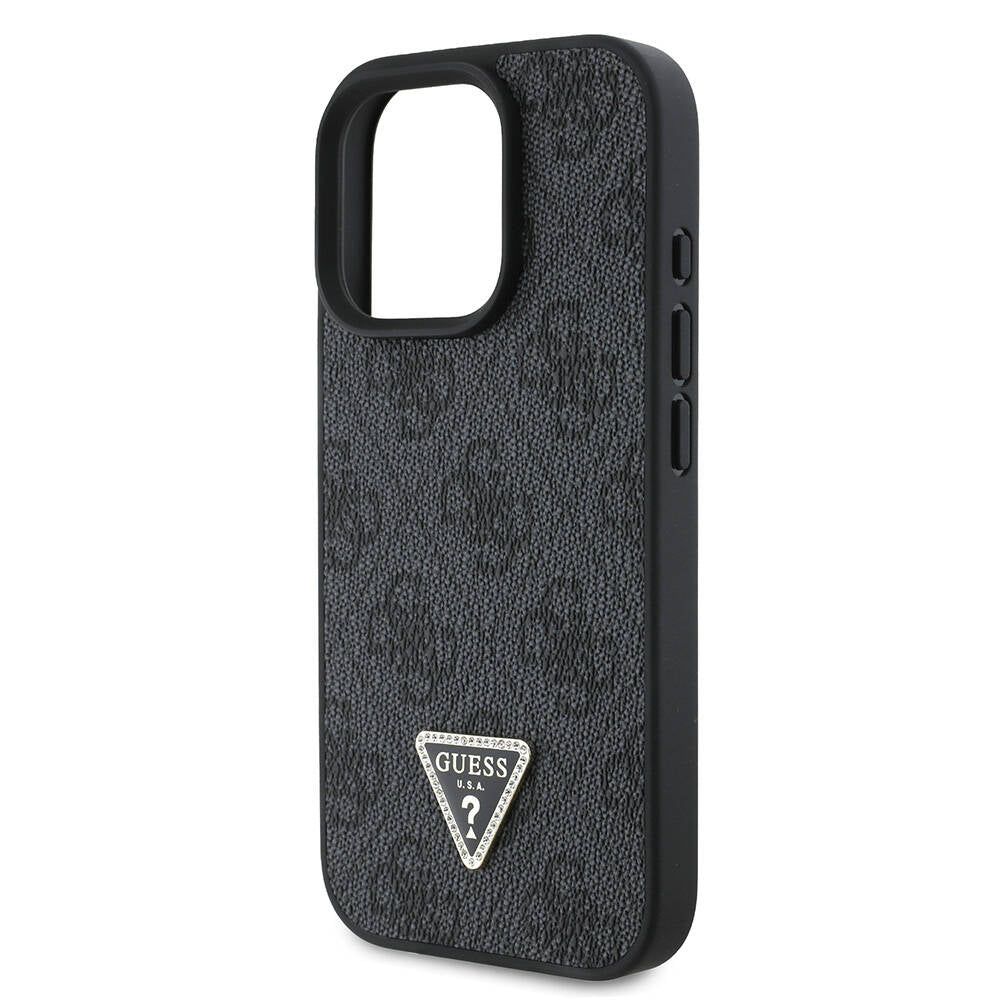iPhone 16 Pro Max Kılıf Guess Orjinal Lisanslı PU Deri Taşlı Metal Üçgen Logolu Çapraz Vücut Askılı 4G Desenli Kapak