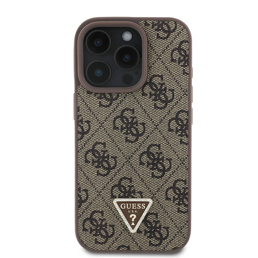 iPhone 16 Pro Max Kılıf Guess Orjinal Lisanslı PU Deri Taşlı Metal Üçgen Logolu Çapraz Vücut Askılı 4G Desenli Kapak