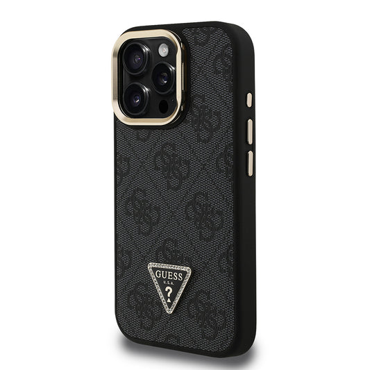 iPhone 16 Pro Max Kılıf Guess Orjinal Lisanslı PU Deri Taşlı Üçgen Logo 4G Desenli Kamera Standlı Kapak