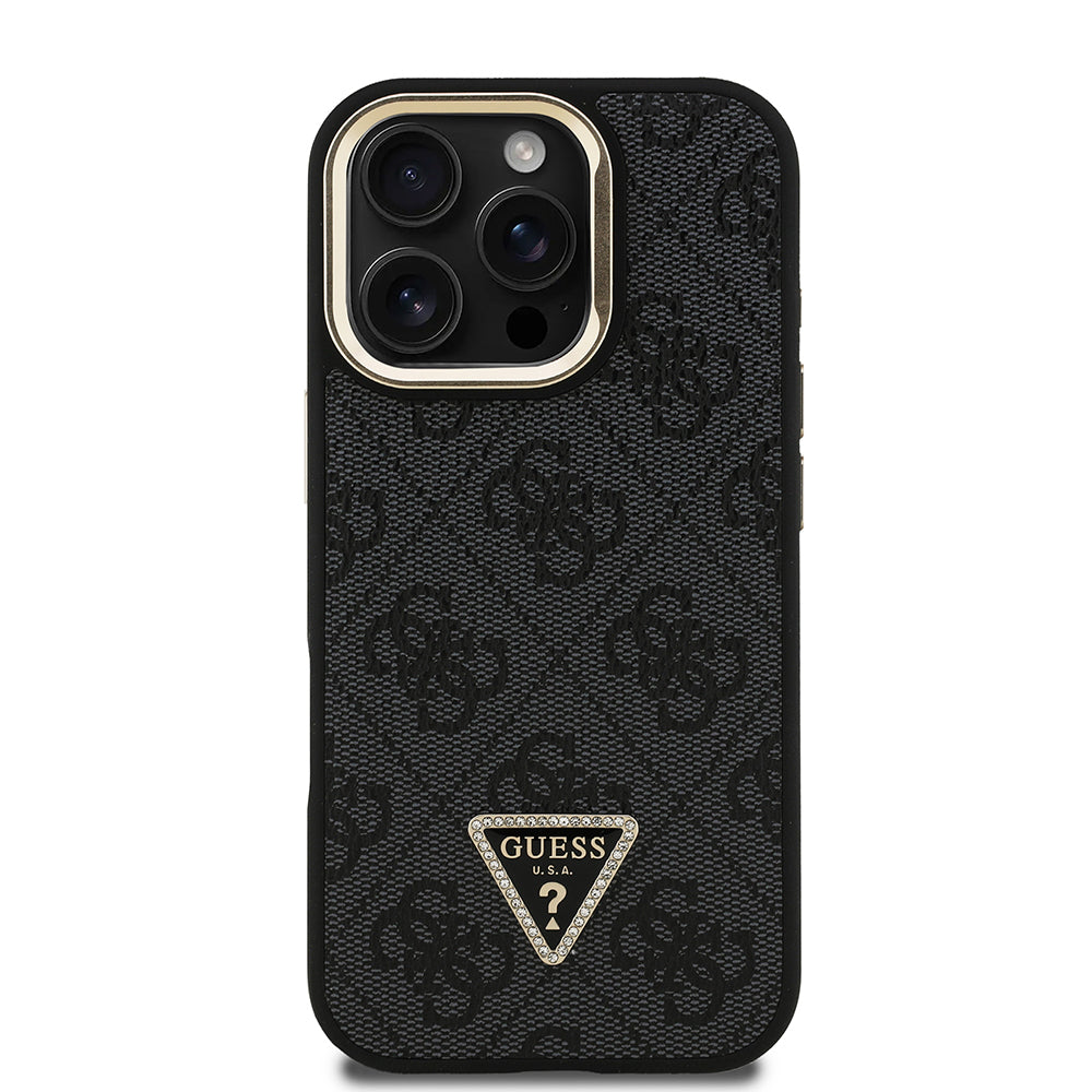 iPhone 16 Pro Max Kılıf Guess Orjinal Lisanslı PU Deri Taşlı Üçgen Logo 4G Desenli Kamera Standlı Kapak