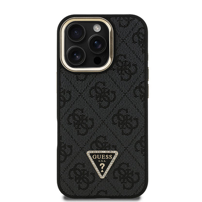 iPhone 16 Pro Max Kılıf Guess Orjinal Lisanslı PU Deri Taşlı Üçgen Logo 4G Desenli Kamera Standlı Kapak