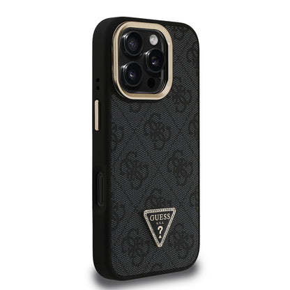 iPhone 16 Pro Max Kılıf Guess Orjinal Lisanslı PU Deri Taşlı Üçgen Logo 4G Desenli Kamera Standlı Kapak
