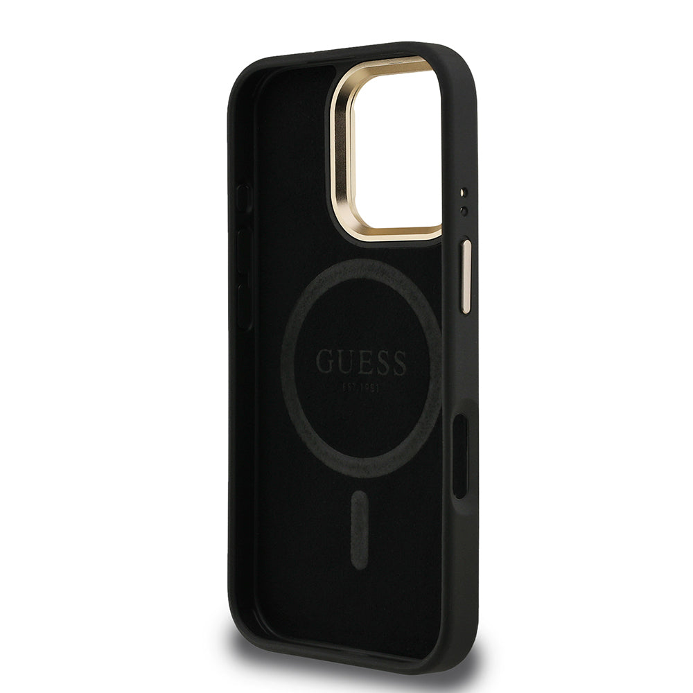 iPhone 16 Pro Max Kılıf Guess Orjinal Lisanslı PU Deri Taşlı Üçgen Logo 4G Desenli Kamera Standlı Kapak
