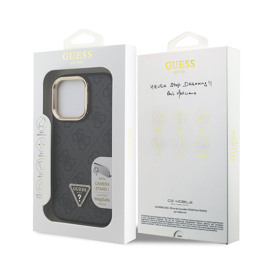 iPhone 16 Pro Max Kılıf Guess Orjinal Lisanslı PU Deri Taşlı Üçgen Logo 4G Desenli Kamera Standlı Kapak