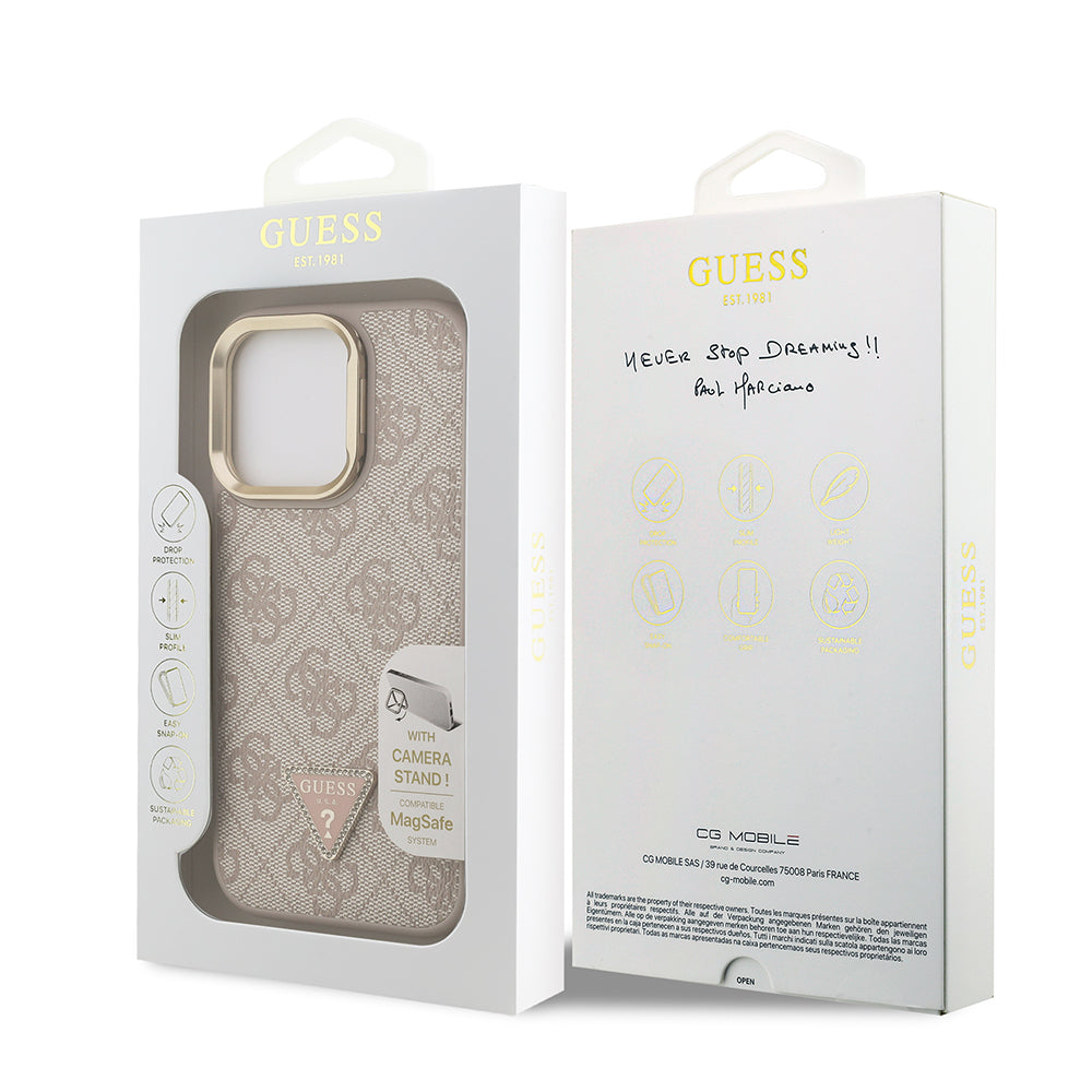 iPhone 16 Pro Max Kılıf Guess Orjinal Lisanslı PU Deri Taşlı Üçgen Logo 4G Desenli Kamera Standlı Kapak