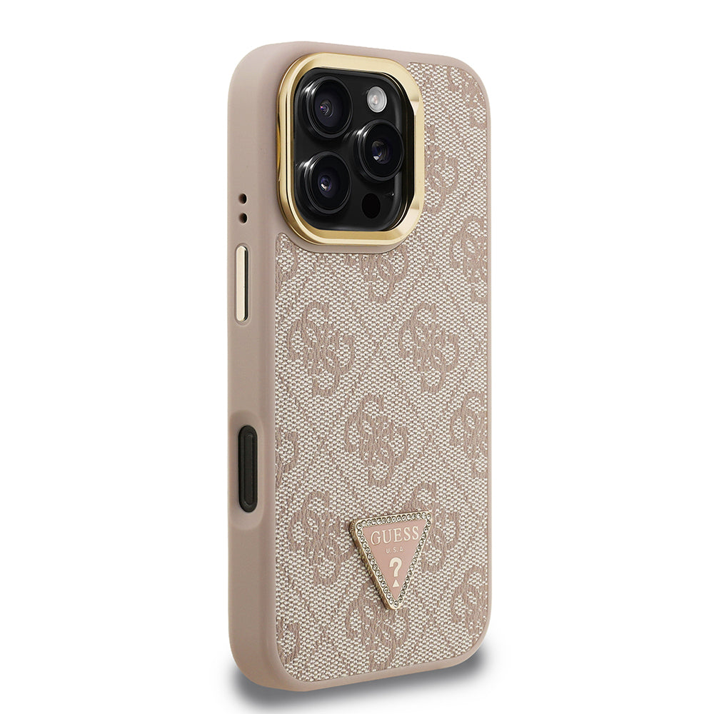iPhone 16 Pro Max Kılıf Guess Orjinal Lisanslı PU Deri Taşlı Üçgen Logo 4G Desenli Kamera Standlı Kapak