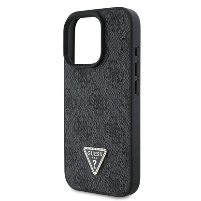 iPhone 16 Pro Max Kılıf Guess Orjinal Lisanslı PU Deri Taşlı Üçgen Logo 4G Desenli Strass Kapak