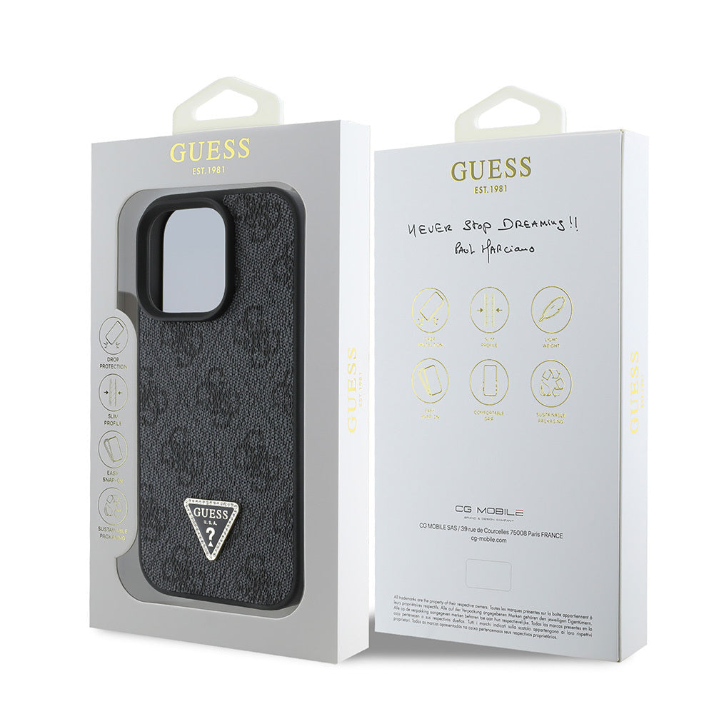iPhone 16 Pro Max Kılıf Guess Orjinal Lisanslı PU Deri Taşlı Üçgen Logo 4G Desenli Strass Kapak