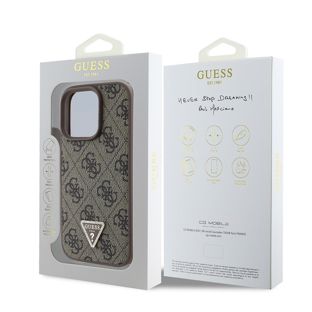 iPhone 16 Pro Max Kılıf Guess Orjinal Lisanslı PU Deri Taşlı Üçgen Logo 4G Desenli Strass Kapak
