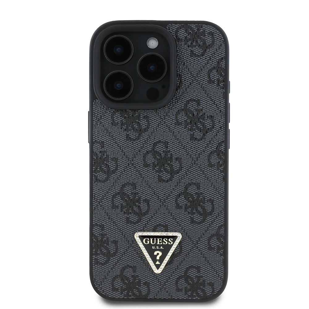 iPhone 16 Pro Max Kılıf Guess Orjinal Lisanslı PU Deri Taşlı Üçgen Logo 4G Desenli Strass Kapak