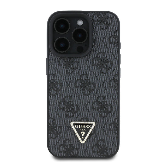 iPhone 16 Pro Max Kılıf Guess Orjinal Lisanslı PU Deri Taşlı Üçgen Logo 4G Desenli Strass Kapak