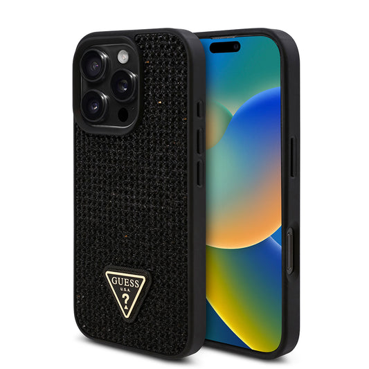 iPhone 16 Pro Max Kılıf Guess Orjinal Lisanslı Taşlı Arka Yüzey Üçgen Logolu Kapak
