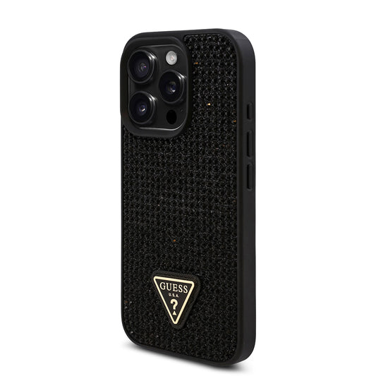 iPhone 16 Pro Max Kılıf Guess Orjinal Lisanslı Taşlı Arka Yüzey Üçgen Logolu Kapak