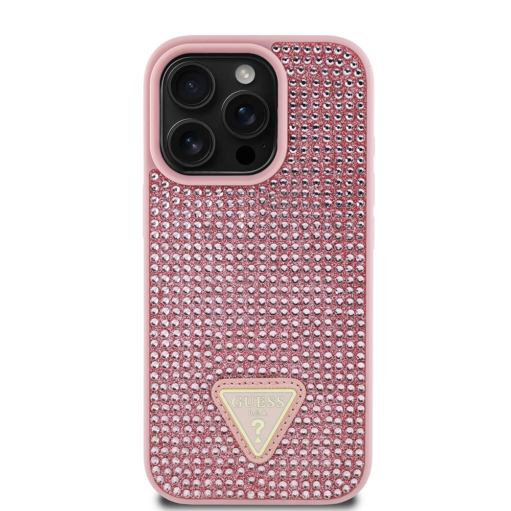 iPhone 16 Pro Max Kılıf Guess Orjinal Lisanslı Taşlı Arka Yüzey Üçgen Logolu Kapak