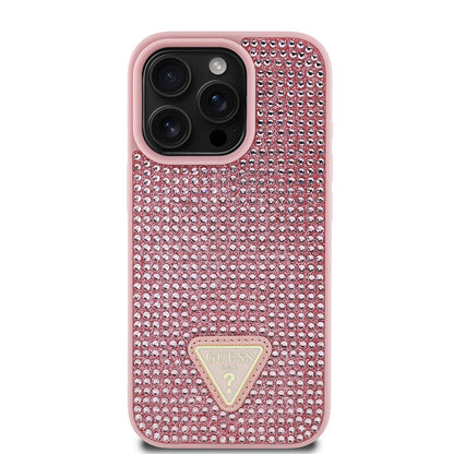 iPhone 16 Pro Max Kılıf Guess Orjinal Lisanslı Taşlı Arka Yüzey Üçgen Logolu Kapak