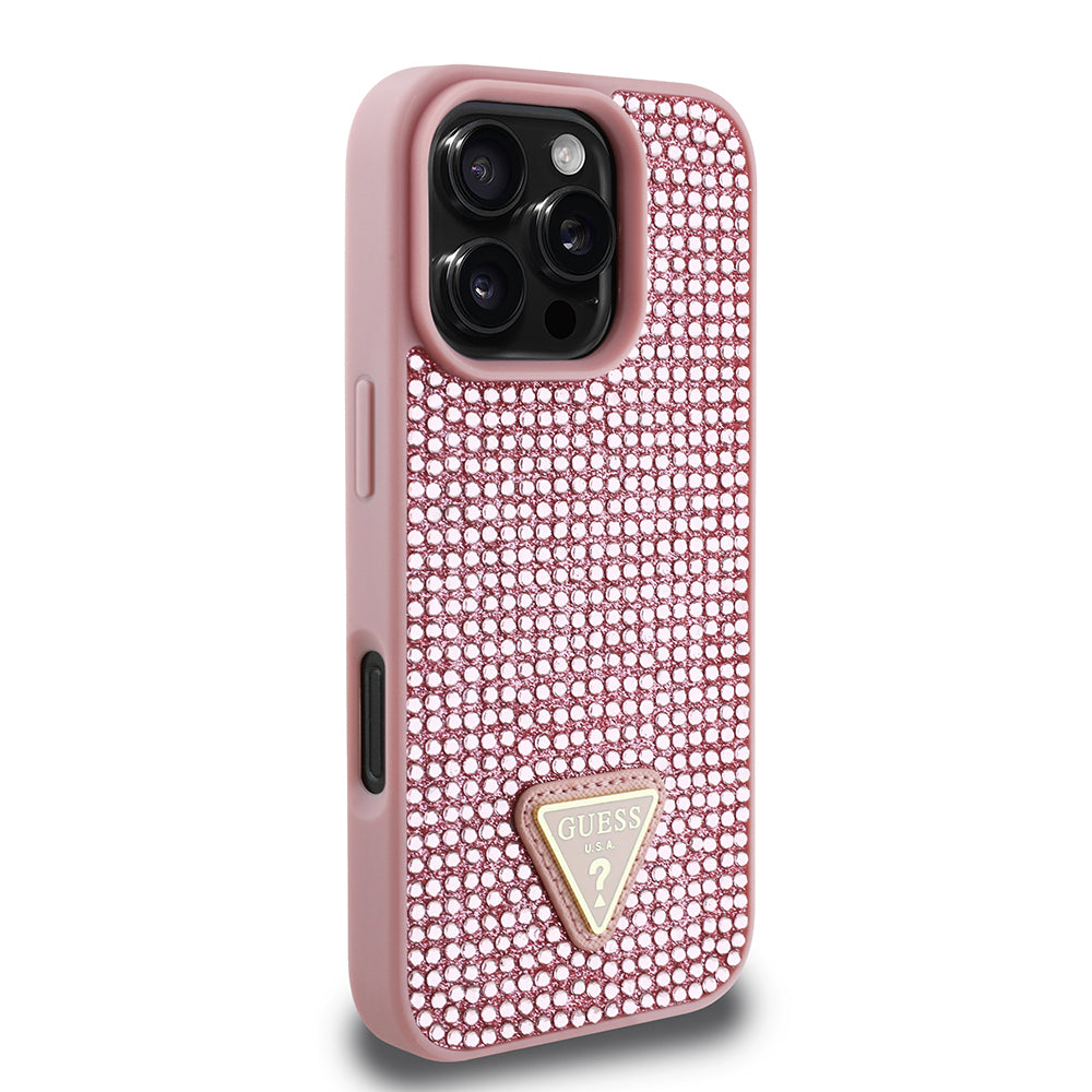 iPhone 16 Pro Max Kılıf Guess Orjinal Lisanslı Taşlı Arka Yüzey Üçgen Logolu Kapak
