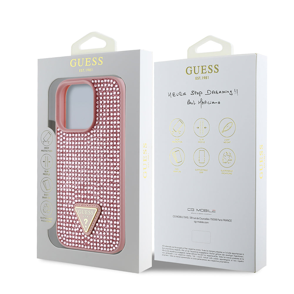 iPhone 16 Pro Max Kılıf Guess Orjinal Lisanslı Taşlı Arka Yüzey Üçgen Logolu Kapak