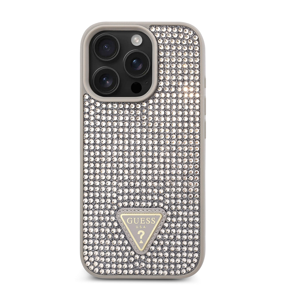 iPhone 16 Pro Max Kılıf Guess Orjinal Lisanslı Taşlı Arka Yüzey Üçgen Logolu Kapak