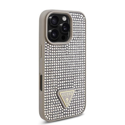 iPhone 16 Pro Max Kılıf Guess Orjinal Lisanslı Taşlı Arka Yüzey Üçgen Logolu Kapak