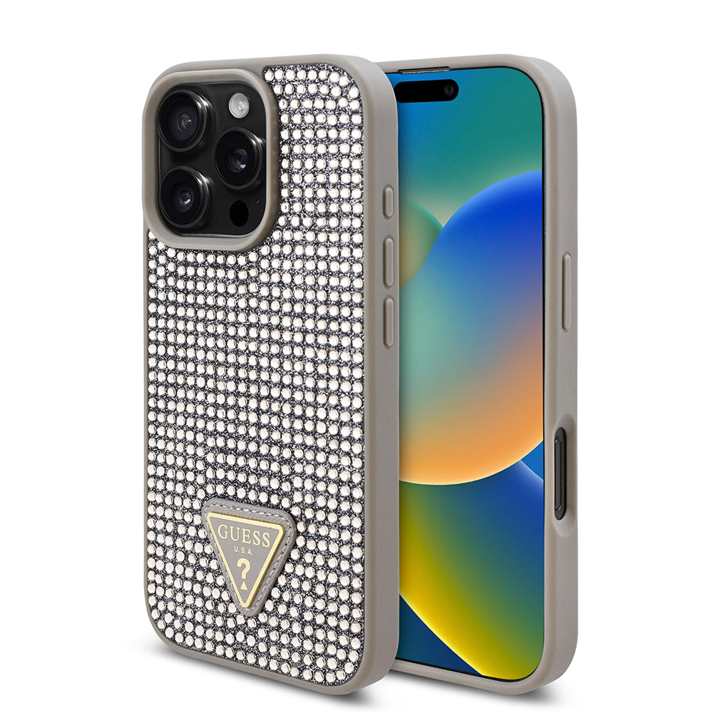 iPhone 16 Pro Max Kılıf Guess Orjinal Lisanslı Taşlı Arka Yüzey Üçgen Logolu Kapak