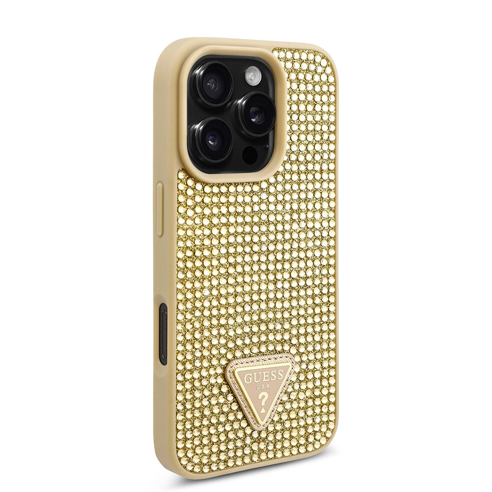 iPhone 16 Pro Max Kılıf Guess Orjinal Lisanslı Taşlı Arka Yüzey Üçgen Logolu Kapak
