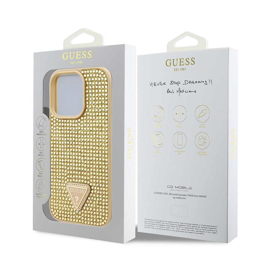 iPhone 16 Pro Max Kılıf Guess Orjinal Lisanslı Taşlı Arka Yüzey Üçgen Logolu Kapak