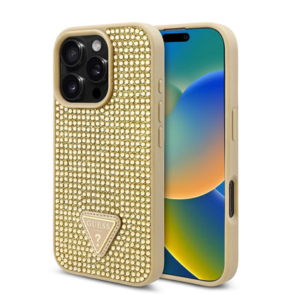 iPhone 16 Pro Max Kılıf Guess Orjinal Lisanslı Taşlı Arka Yüzey Üçgen Logolu Kapak