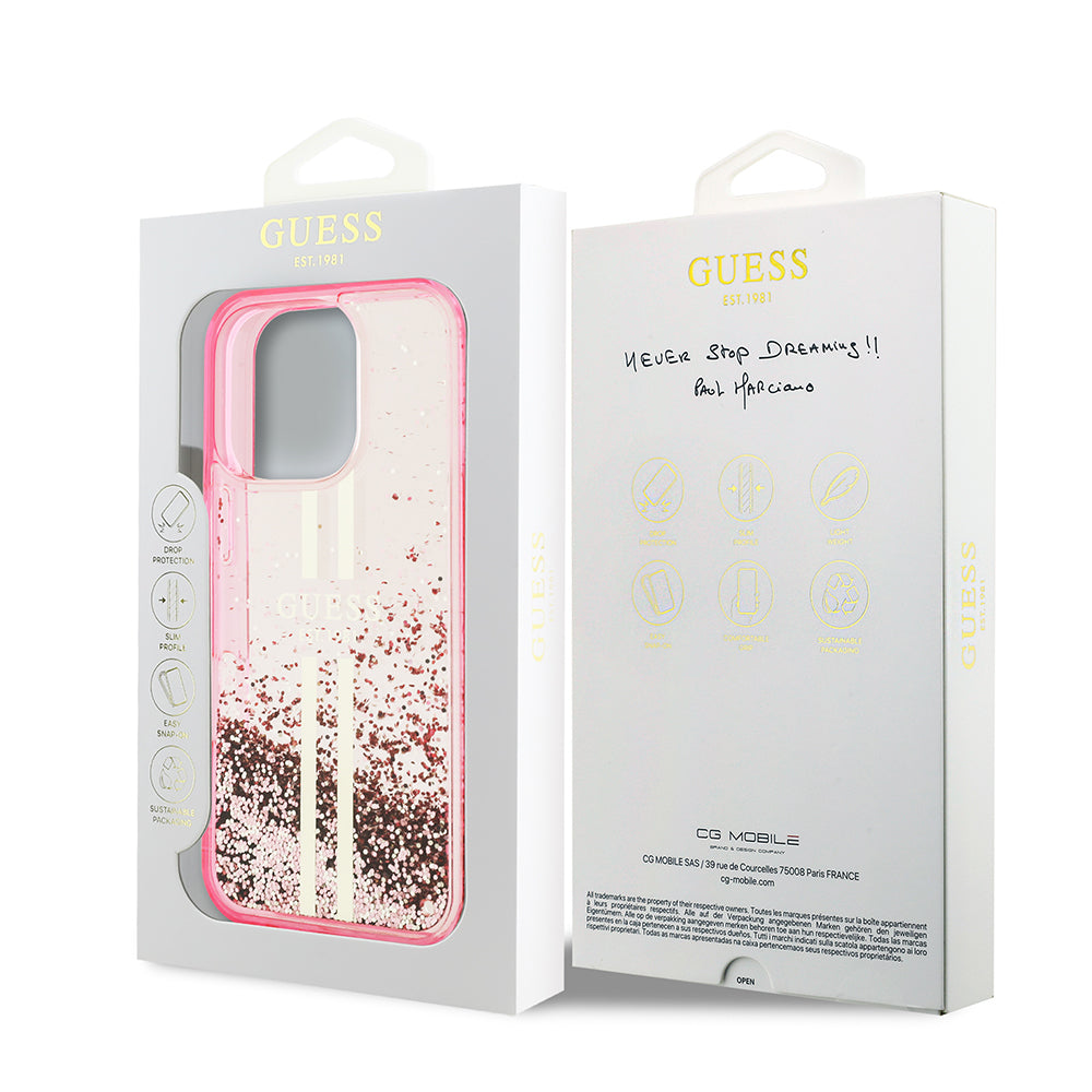 iPhone 16 Pro Max Kılıf Guess Orjinal Lisanslı Transparan Sıvılı Simli Altın Çizgili Kapak