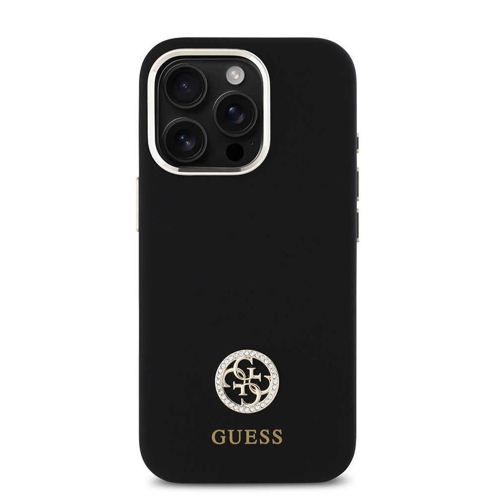iPhone 16 Pro Max Kılıf Guess Orjinal Lisanslı Yazı ve Taşlı 4G Logolu Metal Kamera Çerçeveli Silikon Kapak