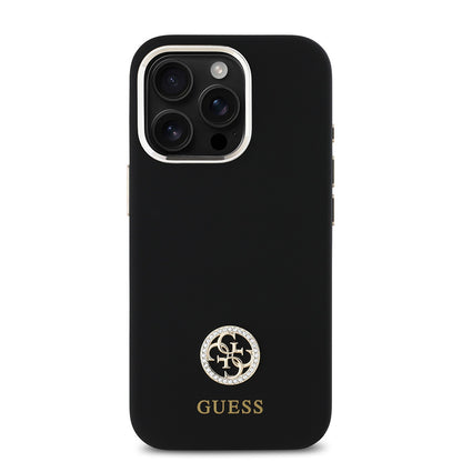 iPhone 16 Pro Max Kılıf Guess Orjinal Lisanslı Yazı ve Taşlı 4G Logolu Metal Kamera Çerçeveli Silikon Kapak