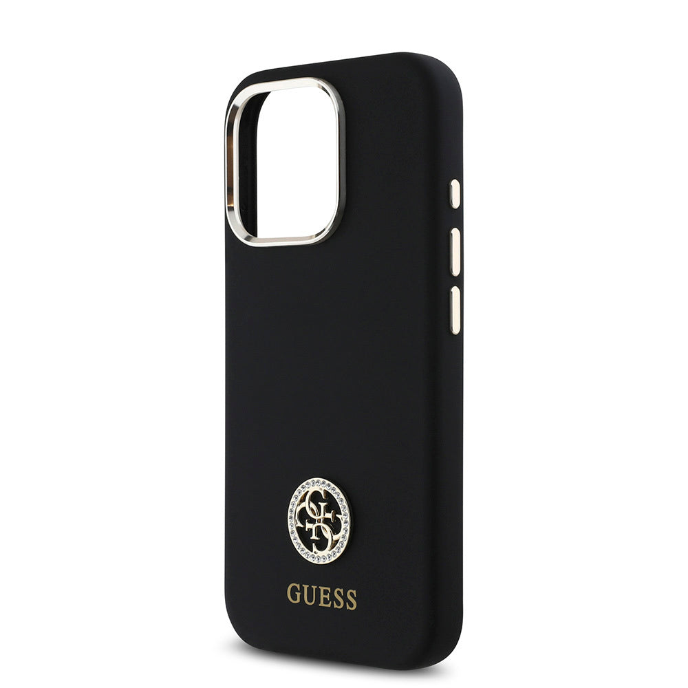 iPhone 16 Pro Max Kılıf Guess Orjinal Lisanslı Yazı ve Taşlı 4G Logolu Metal Kamera Çerçeveli Silikon Kapak