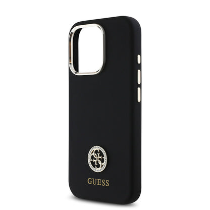 iPhone 16 Pro Max Kılıf Guess Orjinal Lisanslı Yazı ve Taşlı 4G Logolu Metal Kamera Çerçeveli Silikon Kapak