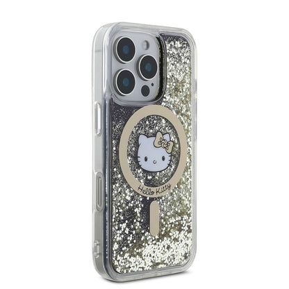 iPhone 16 Pro Max Kılıf Hello Kitty Orjinal Lisanslı M-safe Şarj Özellikli IML Baskı Kitty Head Logolu Sıvılı Simli Altın Ateşi Kapak